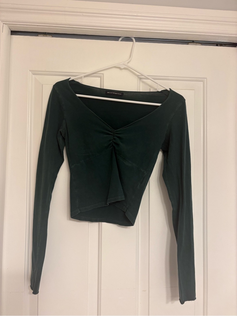 Brandy Melville Dark Green Ruched V-Neck Long Sleeve Crop Top